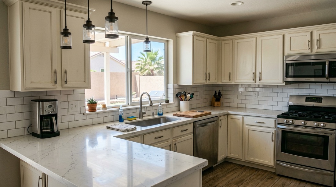 Las Vegas kitchen remodel — quartz counters and shaker cabinets